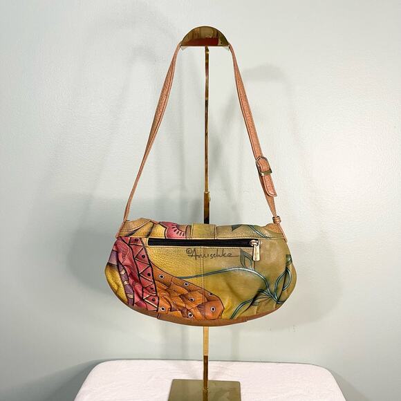 Anuschka Shoulder Bag Womens Tan Floral Genuine Leather Handpainted Art Handbag - Picture 2 of 11